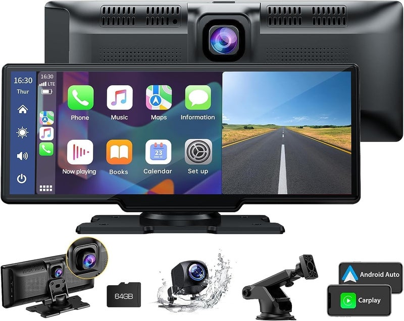 LAMTTO 9.26" Wireless Carplay and Android Auto with 2.5K Dash Cam, 1080P Backup Camera, Portable Touchscreen GPS Navigation for Car, Car Stereo Receiver with Bluetooth,AirPlay,AUX,FM,Googel,Siri - Image 1